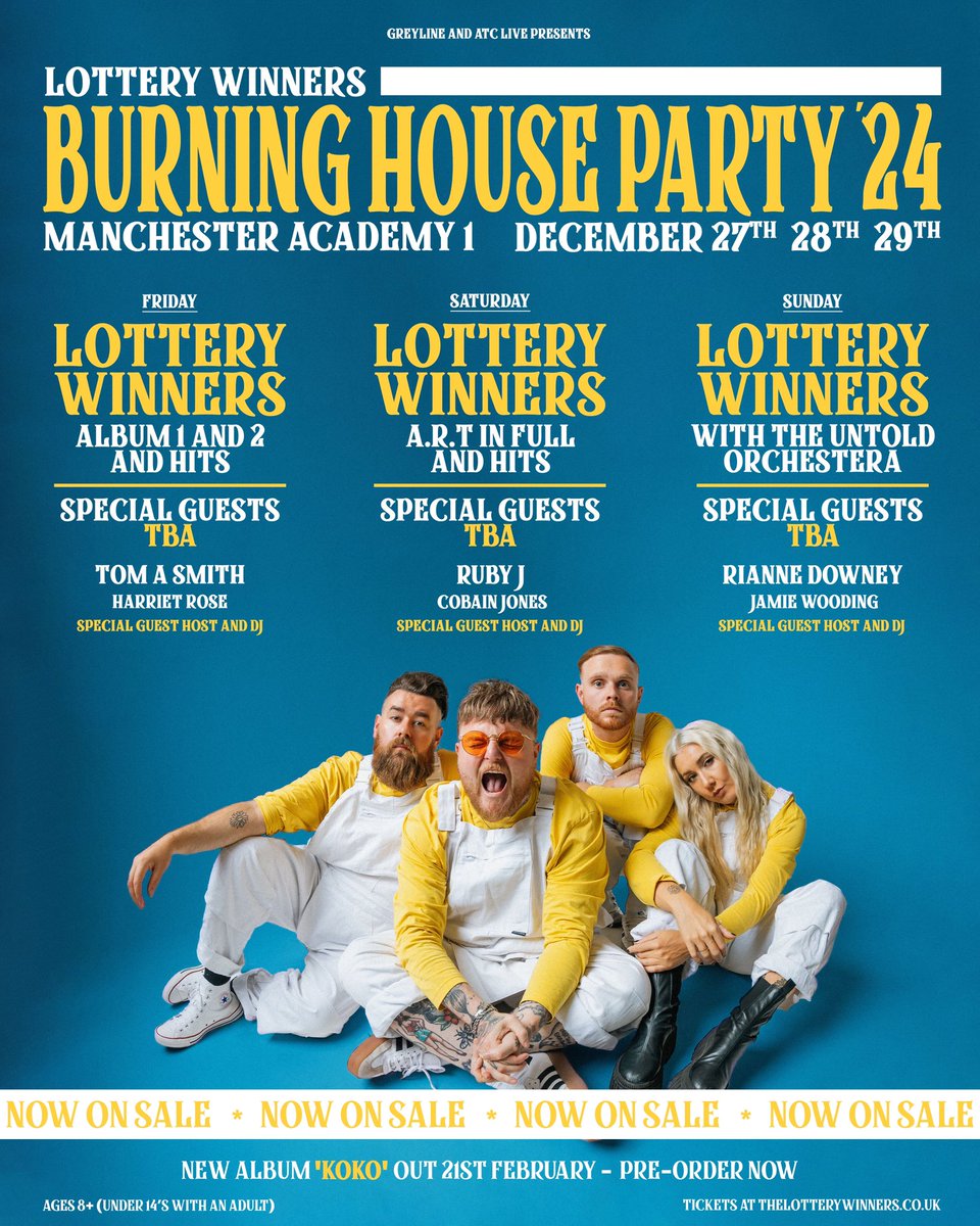 LotteryWinners's tweet photo. GO GO GO! Our three huge nights at Manchester Academy 1 are now on sale!

https://t.co/6A2VStdubo

We’re gonna make it PROPER special and you can come if you’re over 8 years old!

Also, add the limited edition, special recorded on the night Burning House Party CD, but only if you are a legend. ❤️😂