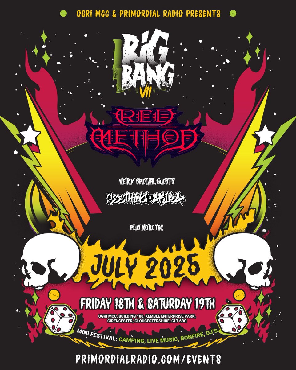 We are HUGELY excited to announce that UK metallers <a href="/redmethodband1/">redmethodband</a> will be headlining the Big Bang VII in July 2025  🤘 

Also joining them is very special guests <a href="/SEETHINGAKIRA/">Seething Akira</a>  🔥 

Tickets are very limited, grab yours now at primordialradio.com/bigbang7 

See you next July 🖤