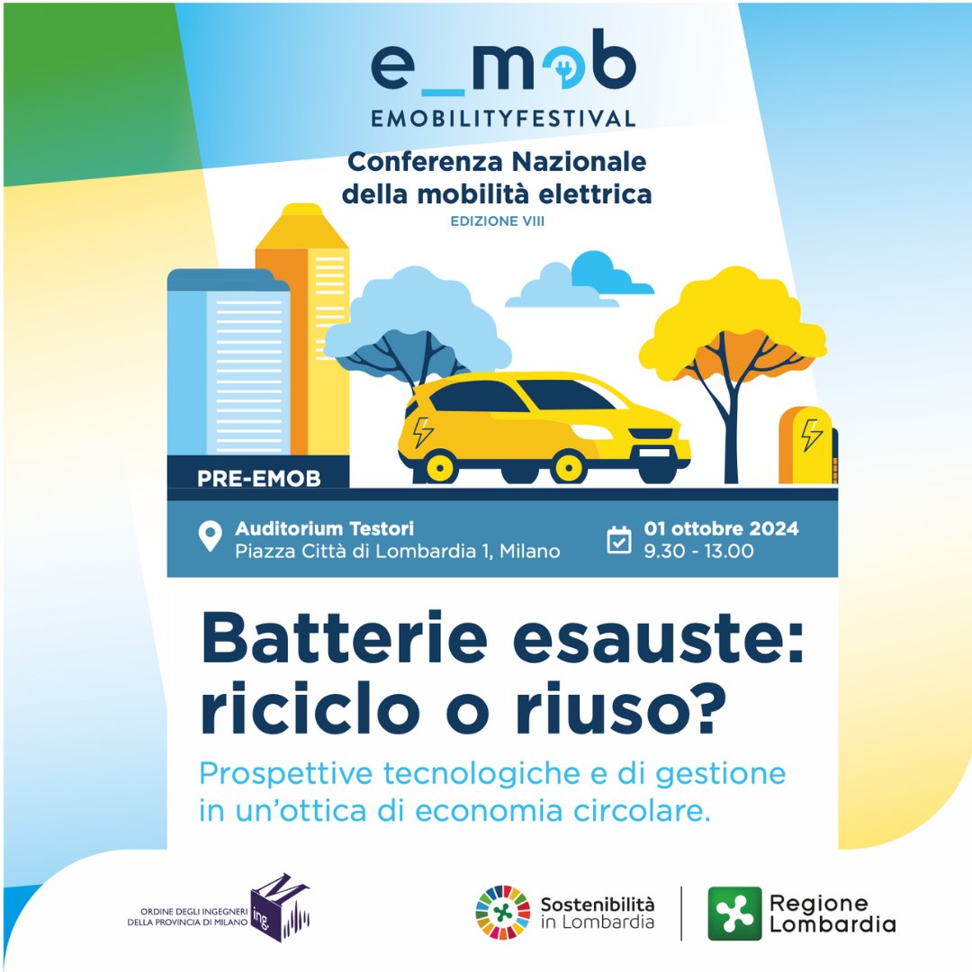 #SostenibilitàInLombardia #mobilitàelettrica
Convegno #emob su "Batterie esauste: riciclo o riuso? Prospettive tecnologiche e di gestione in un’ottica di #economiacircolare" in programma il 1/10 a Palazzo Lombardia. 
Info e iscrizioni 👉 reglomb.it/wZRQ50Twcka