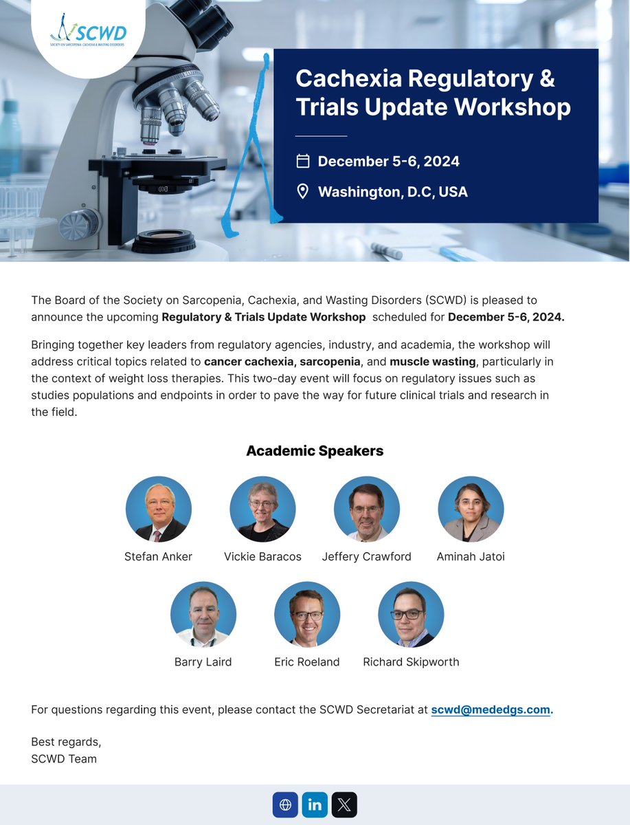 SCWD is excited to announce a multi-stakeholder Regulatory &amp; Trials Update Workshop on Dec 5-6, 2024 in Washington DC. SCWD's is bringing  experts from academia, industry, and regulators.  Stay tuned as SCWD is shaping the future of  research in muscle mass and function!

#SCWD
