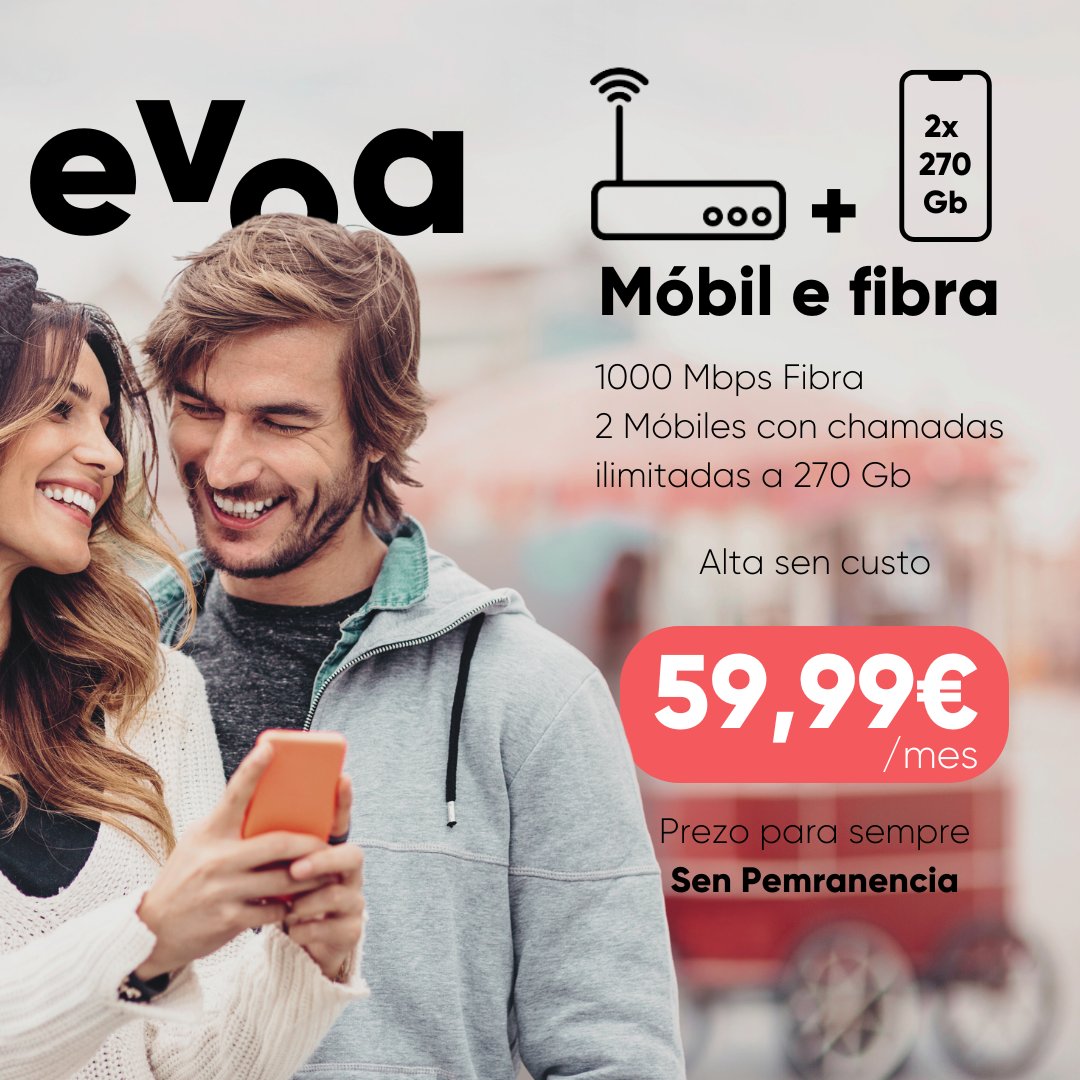 EVOA_Fibra's tweet photo. Móvil y Fibra
💻1000 Mbdp Fibra + 📱📱2 Móviles con llamadas ilimitadas a 270Gb por 59,99€/mes. alta sin coste, precio para siempre.
Llama ahora ☎️ 881 822 823
👉https://t.co/PWe5KcND6m
#evoa #internet #fibra #mobil #television  #simplementeinternet #galicia https://t.co/nfgKCQLLlb