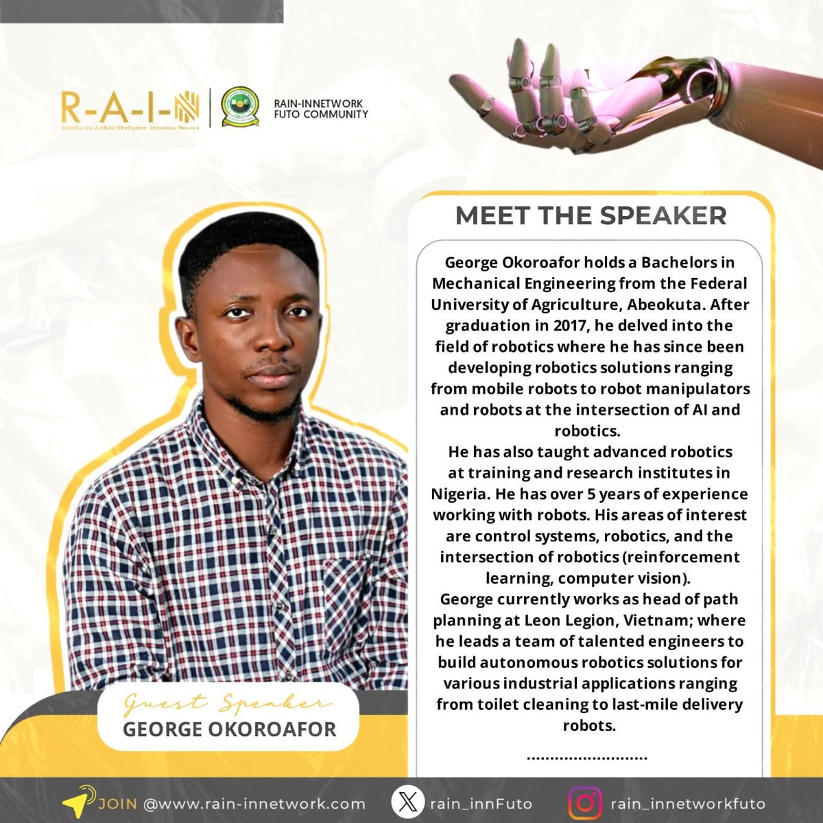 rain_innFuto's tweet photo. IT'S TOMORROW!

Dear Robo-champs,

Our Speaker is set!
Are you readyyy?

Join us tomorrow on our session on Programming Fundamentals for Robotics with George Okoroafor!

 Date: Saturday, 28th September, 2024
 Time: 12pm
 Venue: Google Meet. 
 Link: https://t.co/hhKy21EDtB https://t.co/nwplIlIDca
