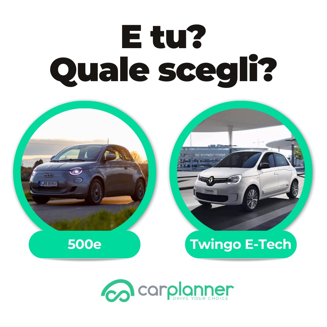 CarPlannerIT's tweet photo. 🚗⚡ #fiat500e e #renault #twingo E-Tech stanno rivoluzionando la guida urbana con design iconico e zero #emissioni. 
Scopri quale fa per te e leggi la nostra guida: https://t.co/NchC8yA8lV  🌍 
#fiat #twingoetech #mobilitàelettrica #autoelettriche https://t.co/j0DoX0u8Qf
