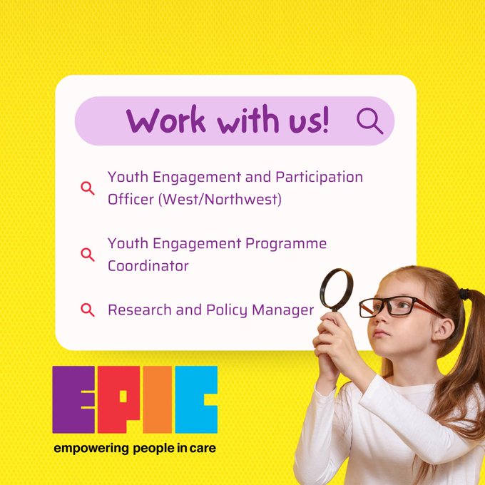 EPIC #JobFairy 📢 

Youth Engagement and Participation Officer - #Donegal  🚀
Deadline approaching: Tuesday 1st Oct  

Youth Engagement Programme Coordinator 🌱
Deadline: Friday 25th Oct  

Research and Policy Manager 💡
Deadline: Friday 25th Oct  

epiconline.ie/work-with-us