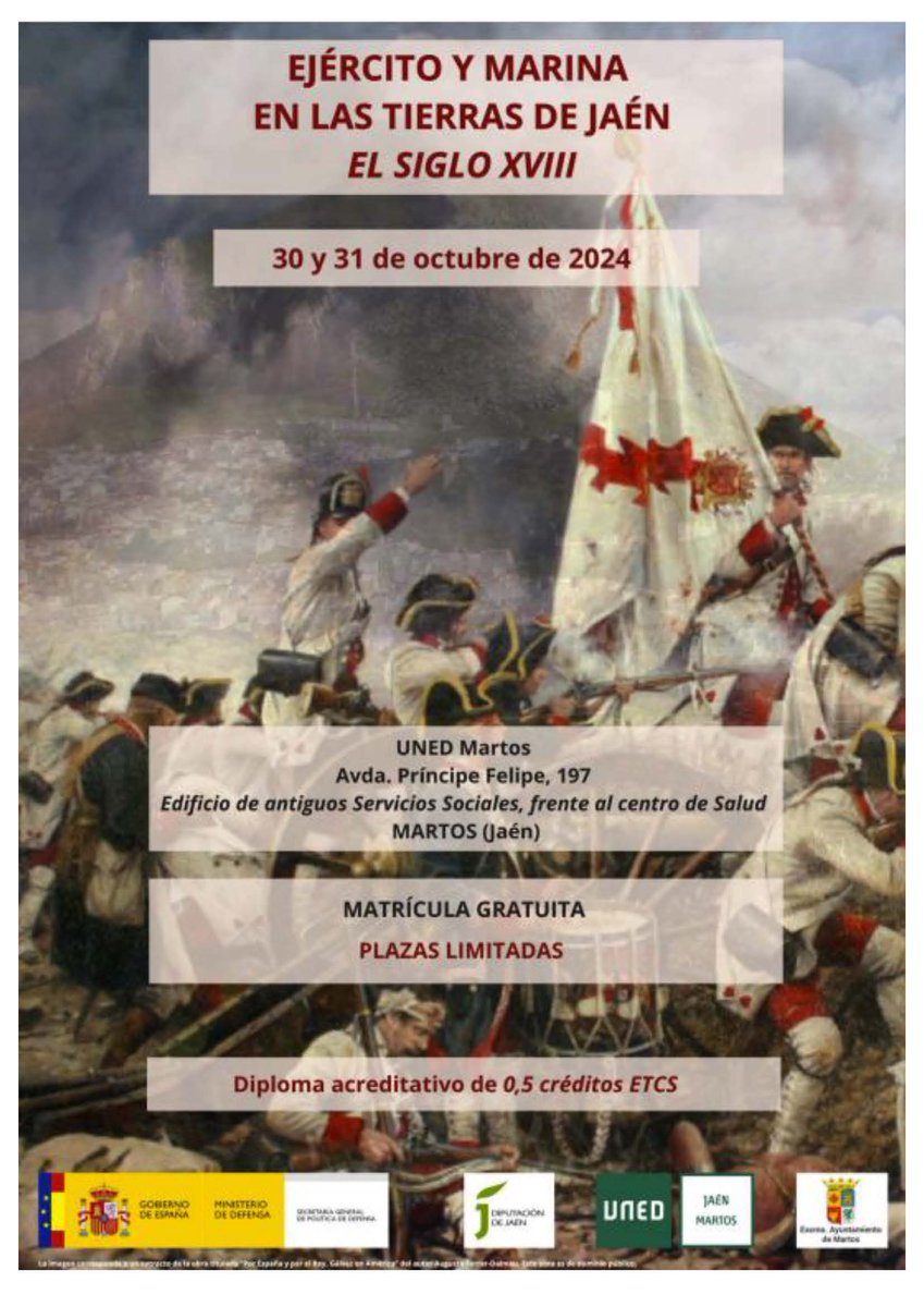 Abierto plazo de inscripción para el seminario "Ejército y Marina en las tierras de Jaén en el siglo XVIII"🌊⛵️ que se celebrará en #martos los días 30 y 31 de octubre.
🏃‍♀️🏃No te quedes sin tu plaza  acortar.link/BZrfdR