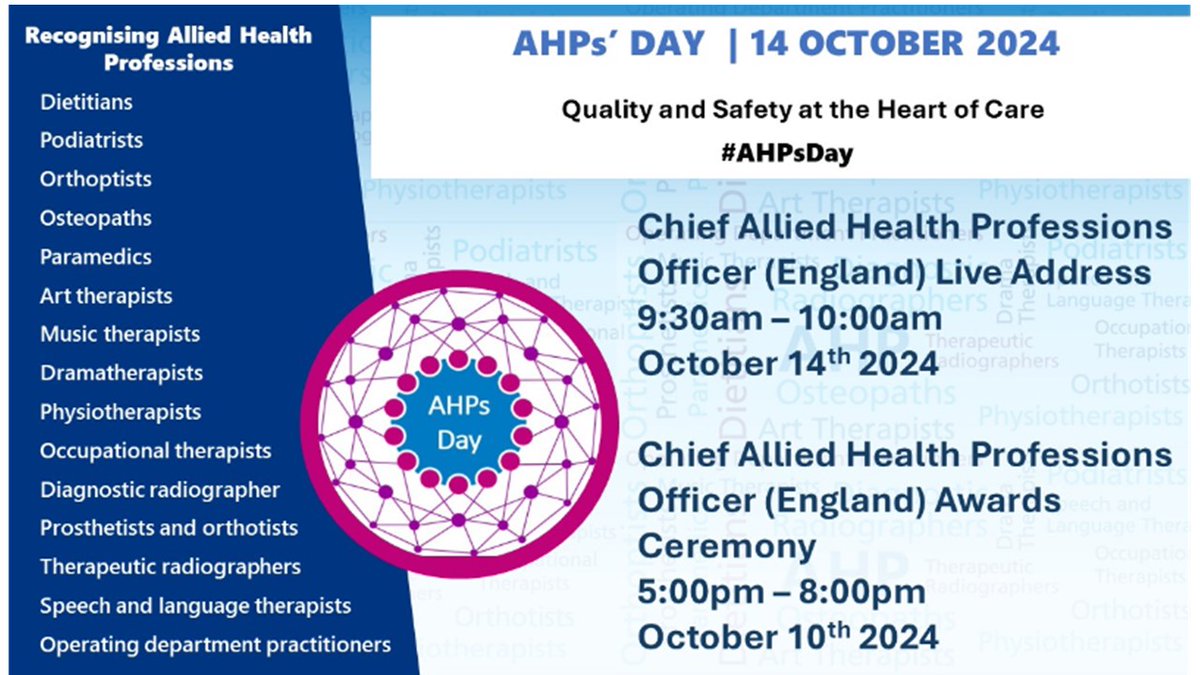 LSC_ICB_AHPWorkforceteam (@lsc_icb_ahps) on Twitter photo 📣AHPs Day - Monday 14th October 2024.
AHPs Day is approaching - The theme for this year is 'Quality and Safety at the Heart of Care'.
For further information and resources visit Future NHS: tinyurl.com/uky6sn2f
<a href="/SuzanneRastrick/">Suzanne Rastrick</a> <a href="/BeverleyHarden/">Beverley Harden FCSP</a> <a href="/SarahOb63037510/">Sarah Obrien</a> <a href="/stsandford/">Stephen Sandford</a> 📣AHPs Day - Monday 14th October 2024.
AHPs Day is approaching - The theme for this year is 'Quality and Safety at the Heart of Care'.
For further information and resources visit Future NHS: tinyurl.com/uky6sn2f
<a href="/SuzanneRastrick/">Suzanne Rastrick</a> <a href="/BeverleyHarden/">Beverley Harden FCSP</a> <a href="/SarahOb63037510/">Sarah Obrien</a> <a href="/stsandford/">Stephen Sandford</a>