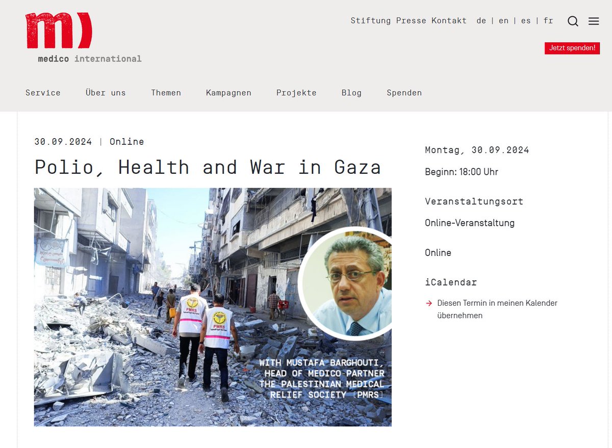 Red Sanitaria Solidaria (@redsanitaria) on Twitter photo El dilluns tindrà lloc una trobada online amb <a href="/MustafaBarghoti/">Dr.Mustafa Barghouti</a>, President de la Palestinian Medical Relief Society on parlarà sobre l'emergència sanitària a Gaza.
🎥 info i streaming
medico.de/termin/2024-09… #somosredsanitaria #somxarxessanitàries El dilluns tindrà lloc una trobada online amb <a href="/MustafaBarghoti/">Dr.Mustafa Barghouti</a>, President de la Palestinian Medical Relief Society on parlarà sobre l'emergència sanitària a Gaza.
🎥 info i streaming
medico.de/termin/2024-09… #somosredsanitaria #somxarxessanitàries