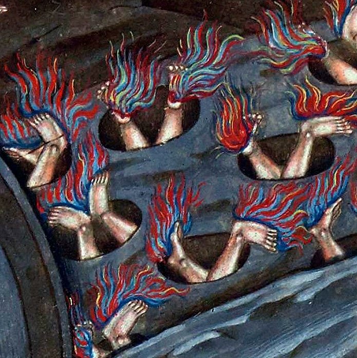 EMedievales's tweet photo. Dans l'#Enfer de #Dante , au fond de la troisième #bolge (fosse), les #damnés pour #simonie sont plantés #tête première dans les fentes d’un rocher , le #feu leur brûlant les #pieds .
BnF, Italien 2017, fol. 219r https://t.co/5CPduBvOxP