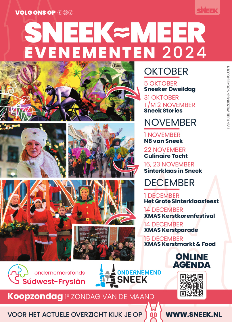 Update Evenementenkalender Najaar Sneek 2024!
Van een Sneeker Dweildag vol muziek tot een Culinaire Tocht, van een gezellige kroegentocht N8 van Sneek tot de Sinterklaas- en Kerstactiviteiten van XMAS Sneek.
sneek.nl/uitagenda 
#Sneekismeer #evenementensneek #visitsneek