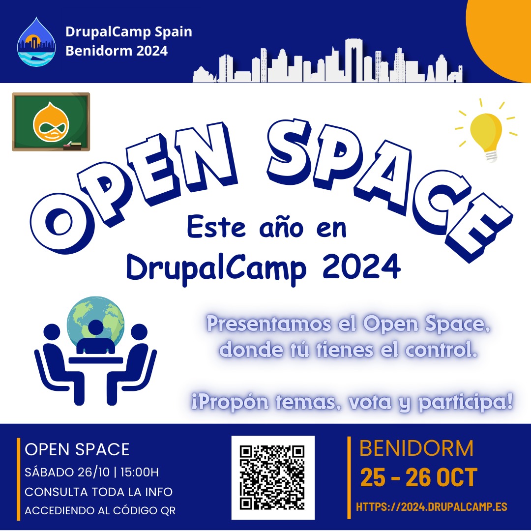 🚀 ¡Este año en #DrupalCamp2024, tenemos algo especial para ti! 🎉 Presentamos el Open Space, una dinámica donde TÚ tienes el control. Propondrás temas, votarás los más interesantes, ¡y serás parte del cambio! 🤩

🔗 ¿Tienes alguna duda sobre el Open Space en la DrupalCamp2024?