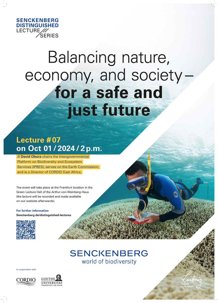 geobiodiversity's tweet photo. We are honoured to welcome David Obura @dobura, Chair of @IPBES, member of @SafeJustPlanet & Director of @cordioea, as the next speaker in our #DistinguishedLectureSeries.
Join us on October 1st at 2 pm in the Green Lecture Hall @Senckenberg #Frankfurt 👉https://t.co/Kx51tsADNE https://t.co/FZ6HkUyvGu