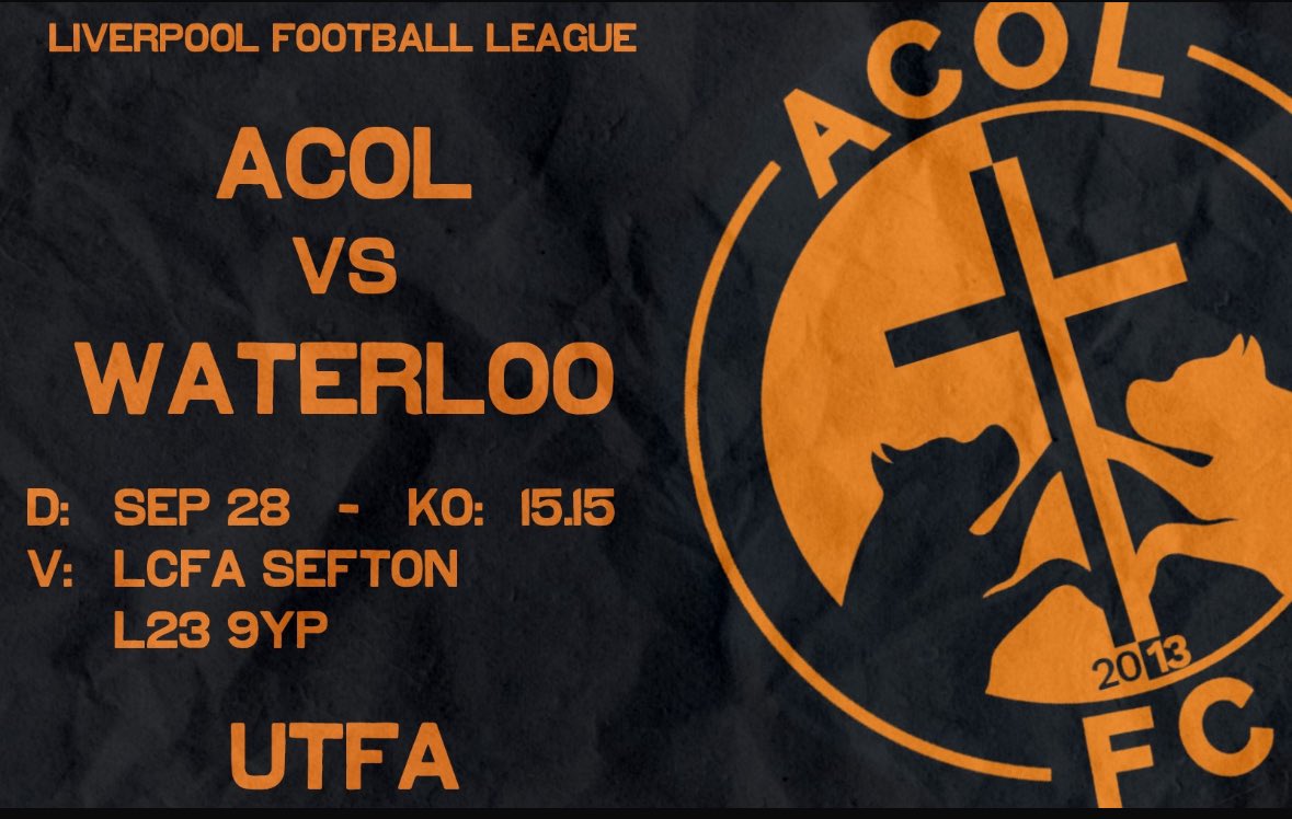 Back on the road tomorrow for the lads as we travel away to Waterloo. 

🆚 Waterloo 
⏱️ 3.15 KO
🏟️ LCFA Sefton 
🏆 Liverpool Football League 

🟠⚫️ UTFA ⚫️🟠