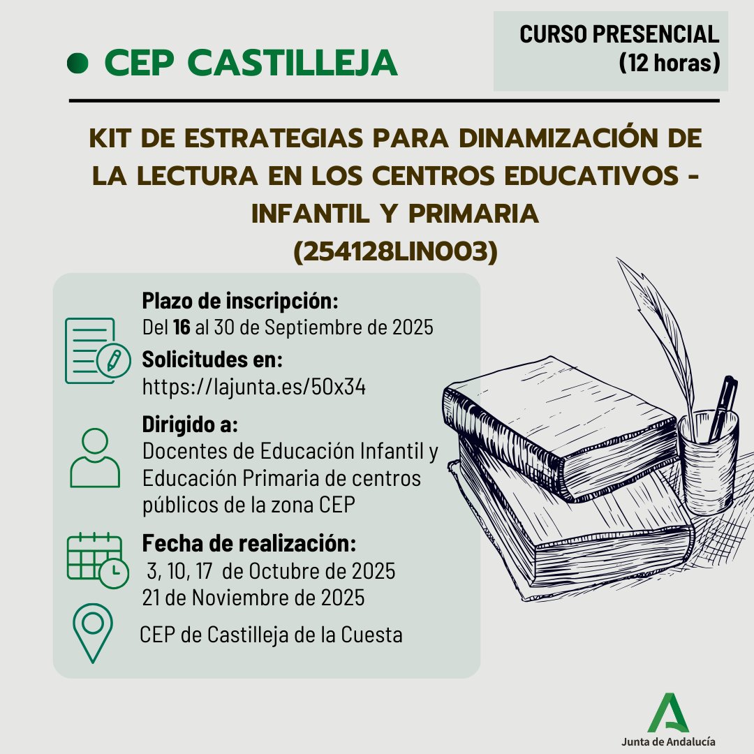 🔊Curso presencial de 𝐚́𝐦𝐛𝐢𝐭𝐨 𝐜𝐨𝐦𝐚𝐫𝐜𝐚𝐥 ➡️ "KIT DE ESTRATEGIAS PARA DINAMIZACIÓN DE LA LECTURA EN LOS CENTROS EDUCATIVOS" 
(INFANTIL-PRIMARIA)

📝Abierto el plazo de solicitudes hasta el 30/09/2024 a las 09:00 am en:🔗 lajunta.es/50x34✅