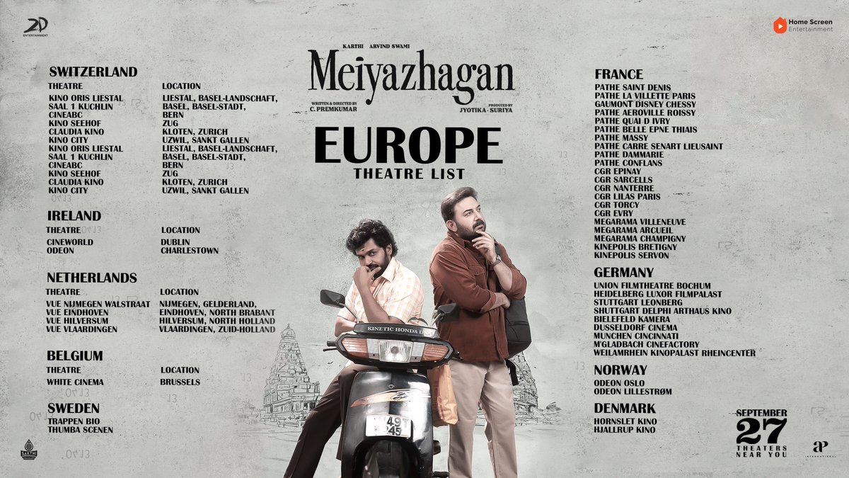 homescreenent's tweet image. The past collides with the present in this moving tale! #Meiyazhagan is now in theatres across Europe! Check out where to watch it 🎥

#MeiyazhaganFromToday #Karthi27 #மெய்யழகன்

@Karthi_Offl @thearvindswami @SDsridivya #PremKumar #GovindVasantha @Suriya_offl #Jyotika
