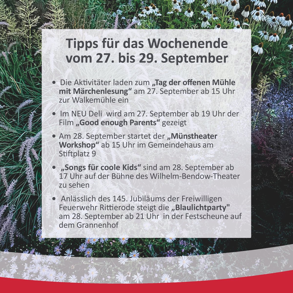 EMGmbH's tweet photo. Auf geht's ins letzte Septemberwochenende🍂! Was habt ihr an diesem Wochenende geplant?
Im Bild haben wir wieder einige Event-Tipps für euch👇
#Einbeck #Einbeckerleben #TagderoffenenMühle #GoodenoughParents #MünstheaterWorkshop #SongsfürcooleKids #Blaulichtparty https://t.co/mCPiQSvzdj