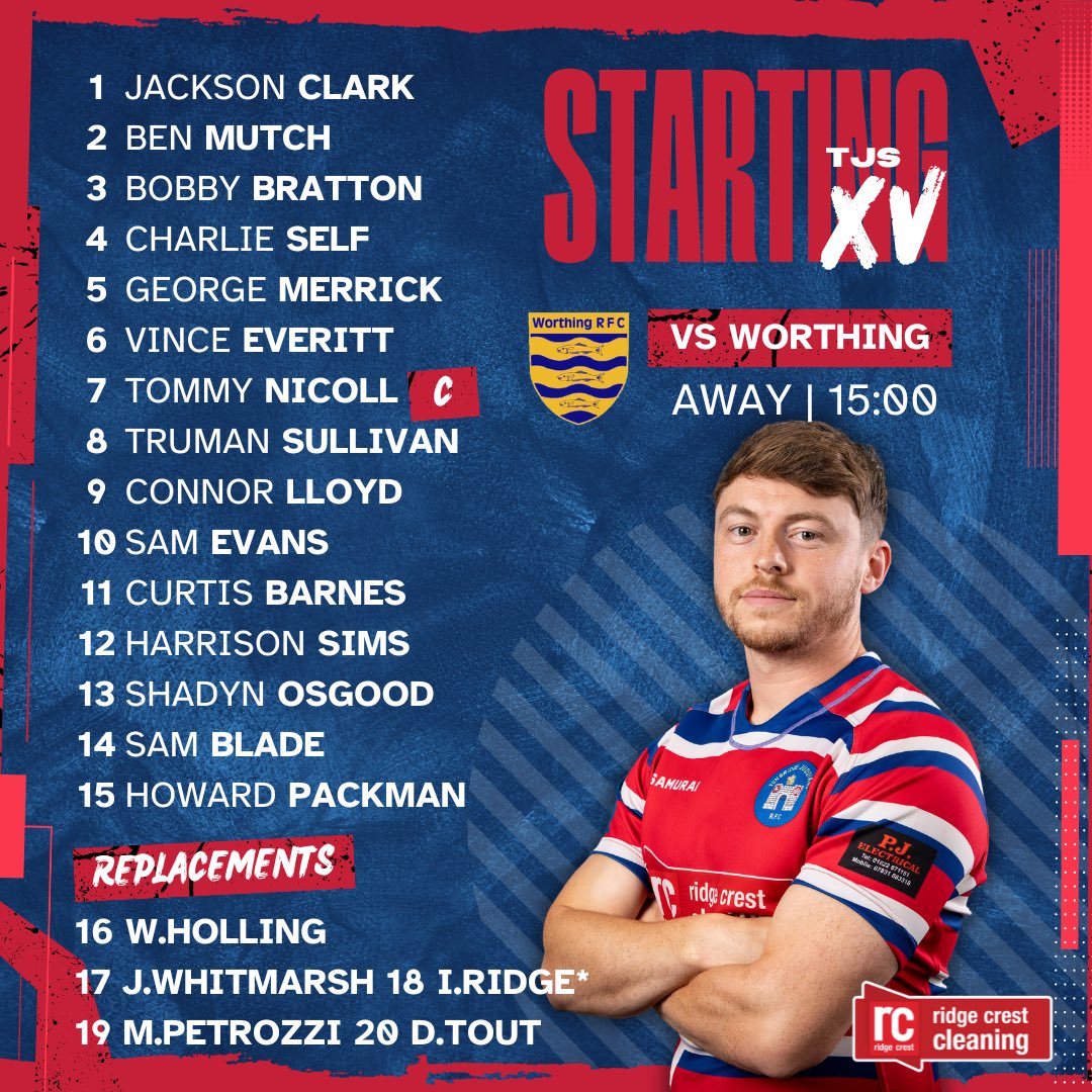 TJRFC's tweet photo. 🔴🔵Here’s the TJs 1stXV to head to Worthing tomorrow.
And a big shout out to TJs academy’s Isaac Ridge who is set to make his 1st team debut
🕒 3pm Kick off
📍Worthing rugby, BN16 4AX
*Denotes Debut
#tjrfc #tonbridgejuddians #rugby #tjsrugby https://t.co/6ZVt813HQe