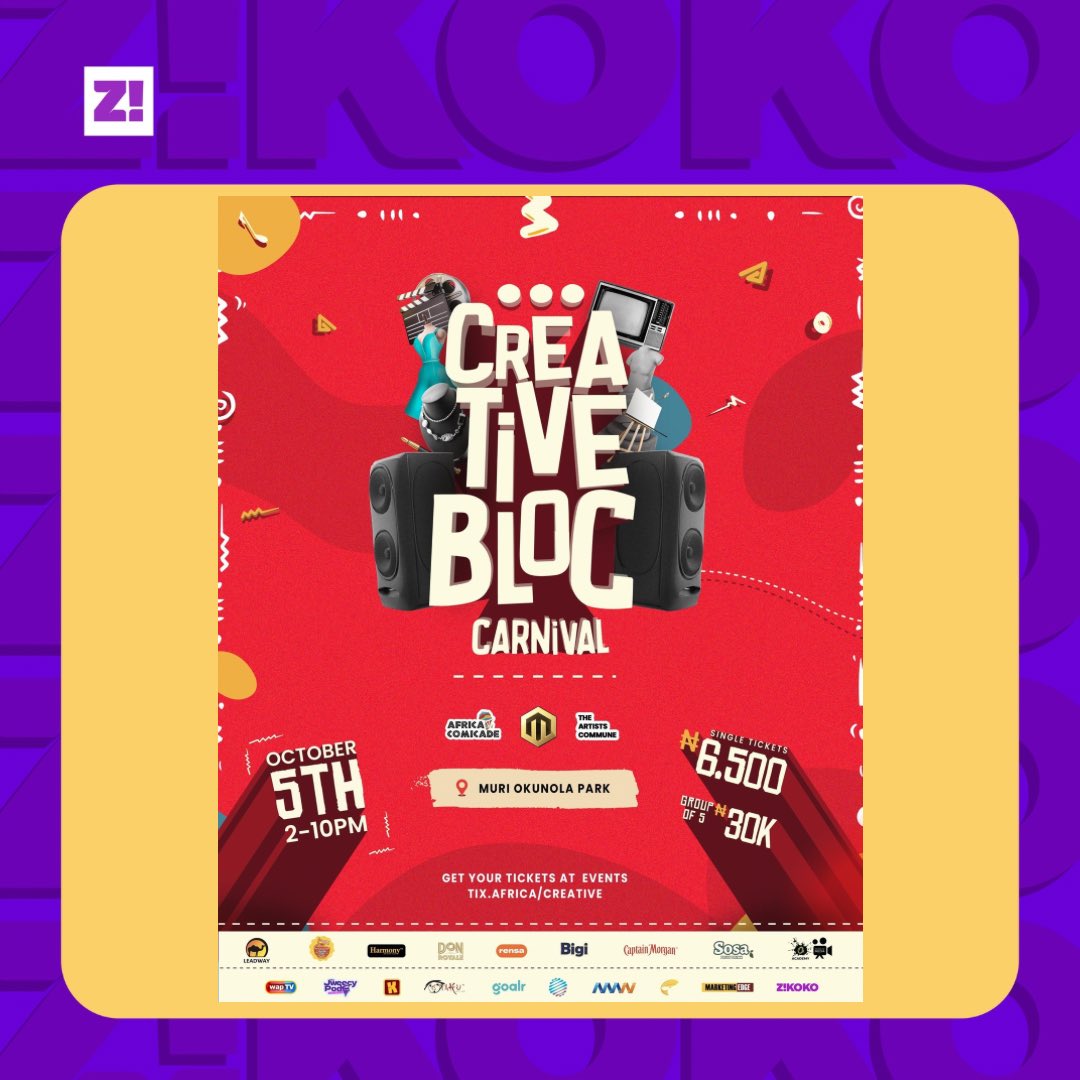 Zikoko_Mag's tweet photo. Catch the complete Mavins experience live at the @CreativesBloc carnival. 

Ticket price- N6,500 (single), N30,000 (Squad of 5)

Date- 5th of October
Venue- Muri Okunola Park, Adeyemo Alakija Street, Lagos
Time- 2 pm to 10 pm

Grab your tickets here: https://t.co/2FpmHNxlwz

Proudly sponsored by @mavinrecord @leadwayassurance @captainmorganng  @donroyaleng @harmonystoresng @mygoalr @indomiecafe

#creatives #creativebloc #creativebloccarnival