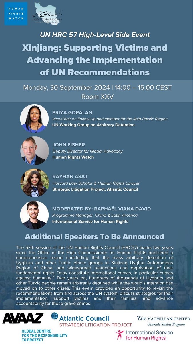Raphaël Viana David (@vdraphael) on Twitter photo Pleased to moderate this side event to the ongoing Human Rights Council #HRC57 session, with <a href="/RayhanAsat/">Rayhan E. Asat</a>, UN expert Priya Gopalan and <a href="/JohnFisher_hrw/">John Fisher</a>, 2 years since release of UN's #Xinjiang report.
30/09, 2pm CET. Link for virtual participation to be shared soon. <a href="/ISHRglobal/">ISHR</a> Pleased to moderate this side event to the ongoing Human Rights Council #HRC57 session, with <a href="/RayhanAsat/">Rayhan E. Asat</a>, UN expert Priya Gopalan and <a href="/JohnFisher_hrw/">John Fisher</a>, 2 years since release of UN's #Xinjiang report.
30/09, 2pm CET. Link for virtual participation to be shared soon. <a href="/ISHRglobal/">ISHR</a>