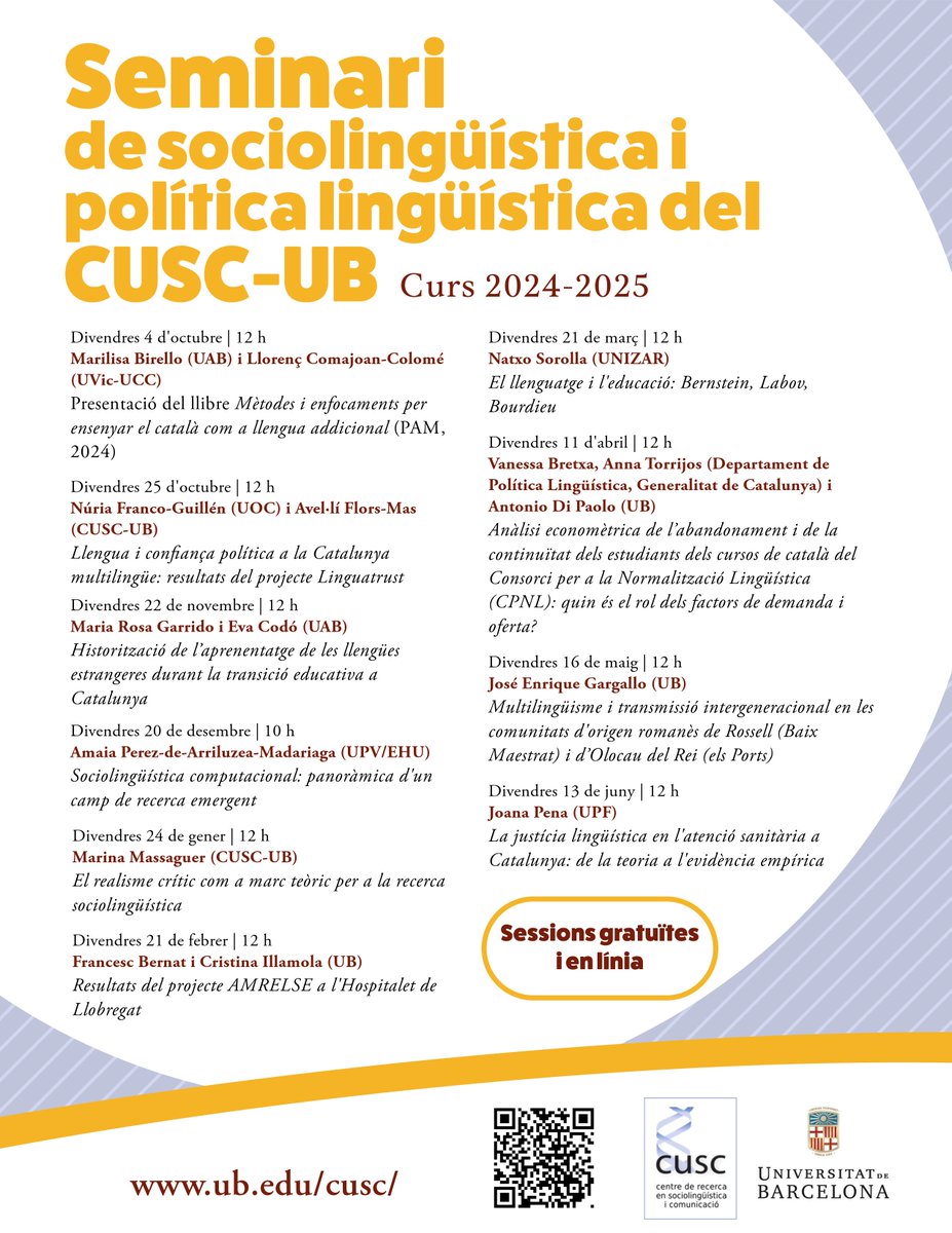 CuscUB's tweet photo. ‼️ Nou programa del Seminari de sociolingüística i política lingüística del @cuscub per al curs 2024-2025.

📡 Sessions gratuïtes i en línia

🔗 Més informació a https://t.co/MDmOwbg8H8 https://t.co/OsHrdfE8Lt