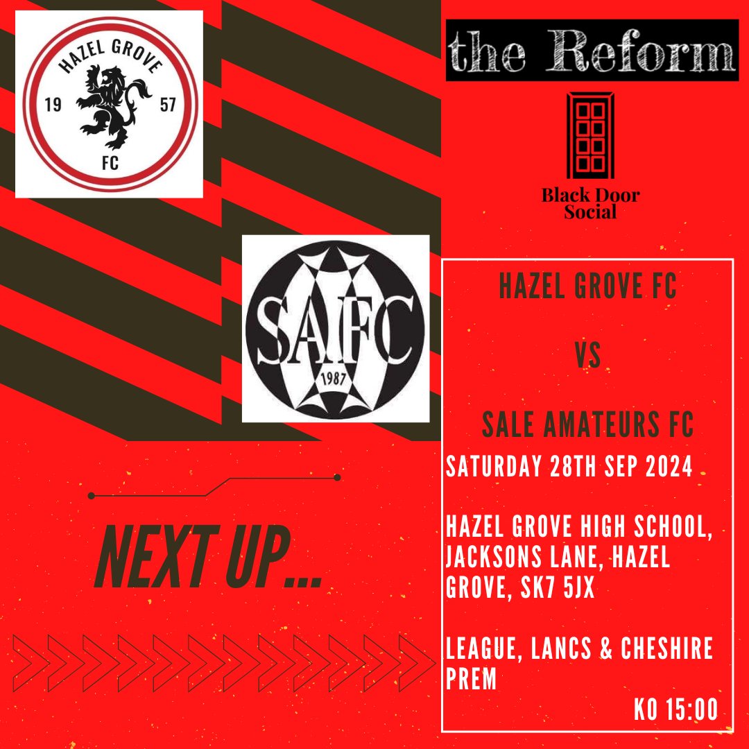 🔴⚫️HGFC vs Sale Amateurs FC 🔴⚫️

Tomorrow we welcome Sale Amateurs to Jacko's! Get to HGHS for a 3pm start, LETS GO! 💥

UP THE GROVE! ⚽️

🏆Lancs&amp;Chesh AFL, Prem
🆚Sale Amateurs
📅28/09/24
⏰15:00
🏟️Jackson Ln, HAZEL GROVE, SK7 5JX

#upthegrove #jointhejourney #hgfc #LCAFL