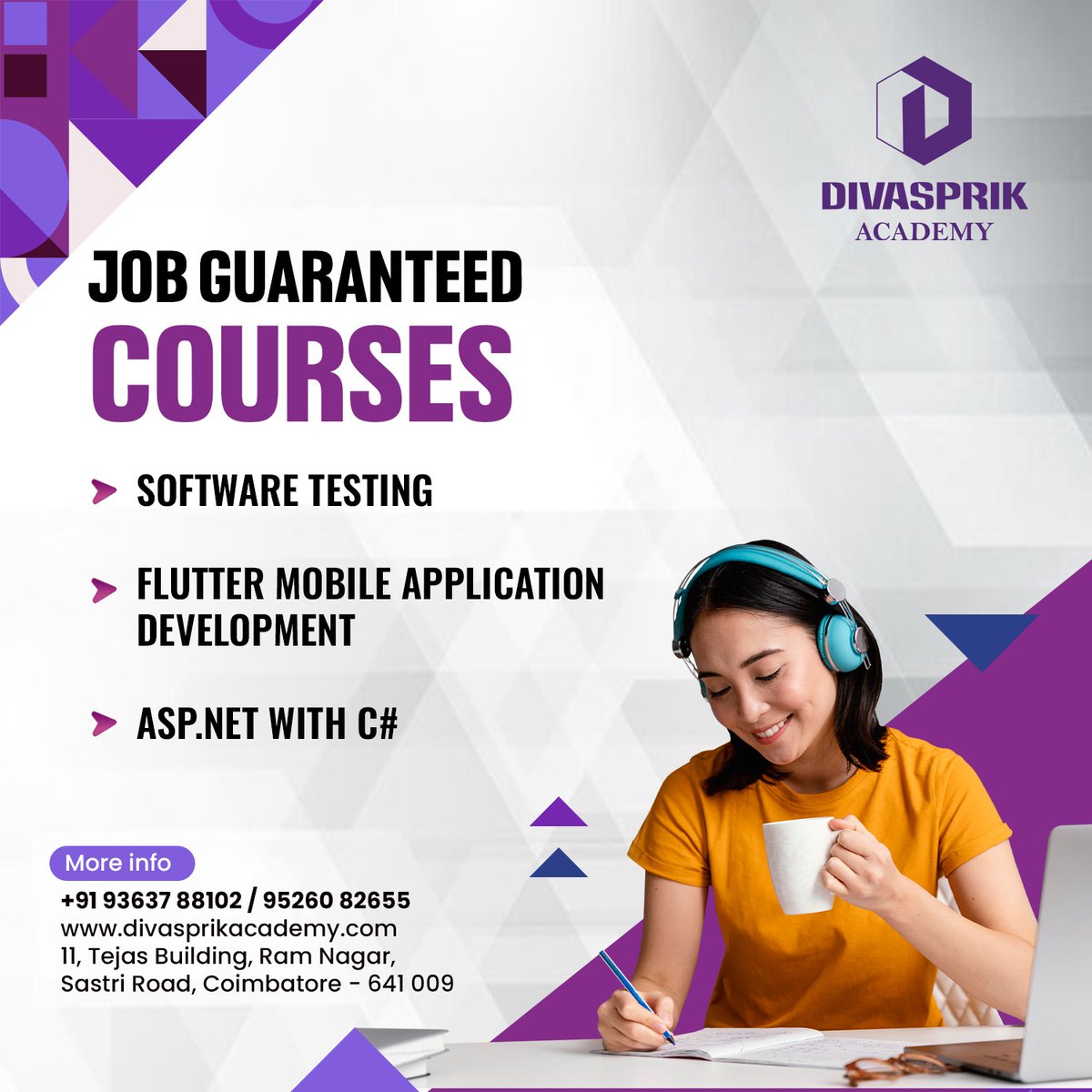 DivasprikAcdmy's tweet image. Tired of dead-end jobs? 🚀 Learn #Softwaretesting , #FlutterMobileAppDevelopment , or ASP.NET with C# and get job-ready fast! Placement assistance included.
#SoftwareDevelopment #programmer #CareerOpportunity #CareerDevelopment #Coimbatore #Academic #placements