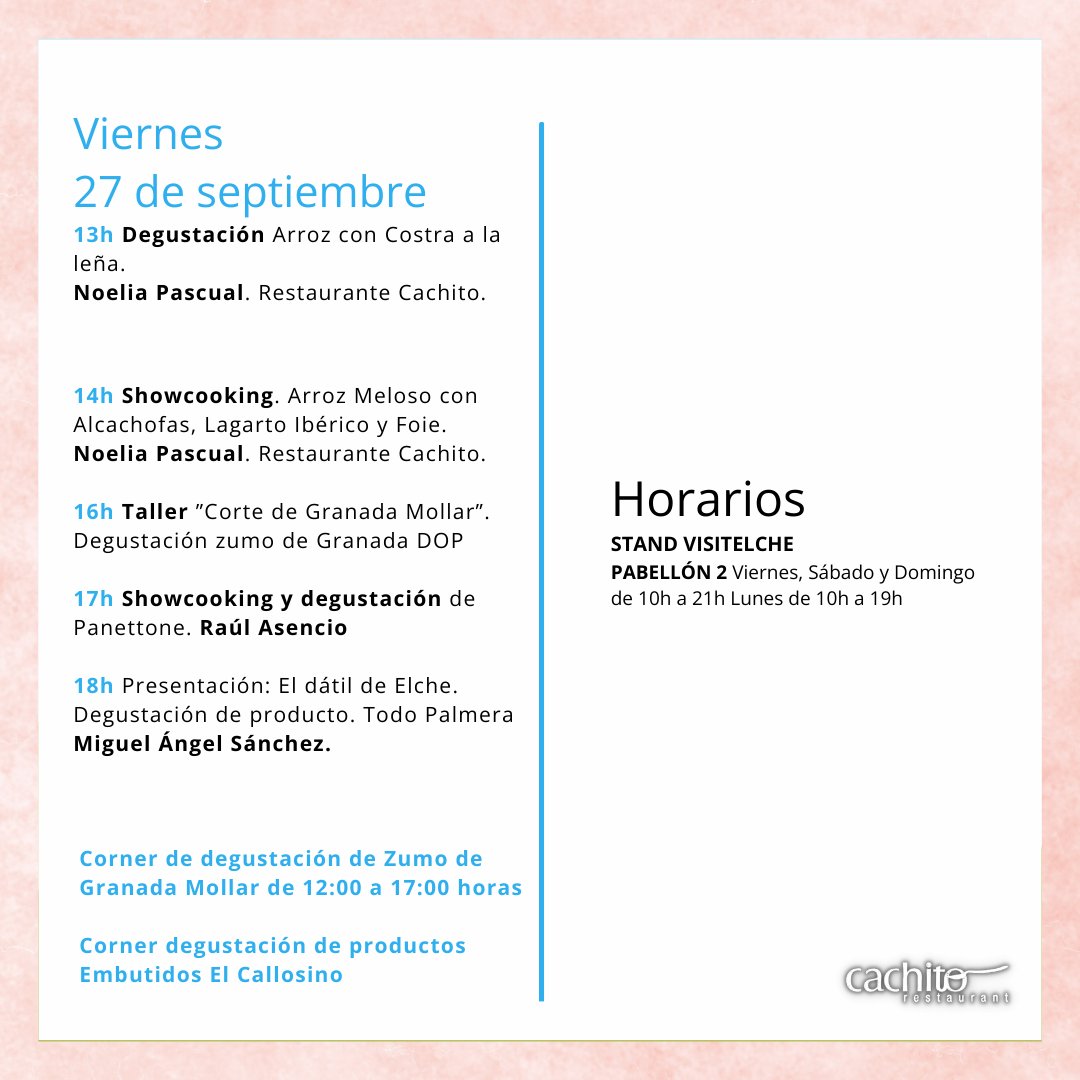 RestCachito's tweet photo. Estaremos presentes hoy en el stand de @visitelche en Alicante Gastronómica con dos actividades 🥘

🕐  Degustación de arroz con costra a la leña
🕑 Showcooking de arroz meloso con alcachofas, lagarto ibérico y foie

👉 Programa en https://t.co/zFQRxcGUD6

#cachito #elx #campdelx https://t.co/Ej4VHGBMll
