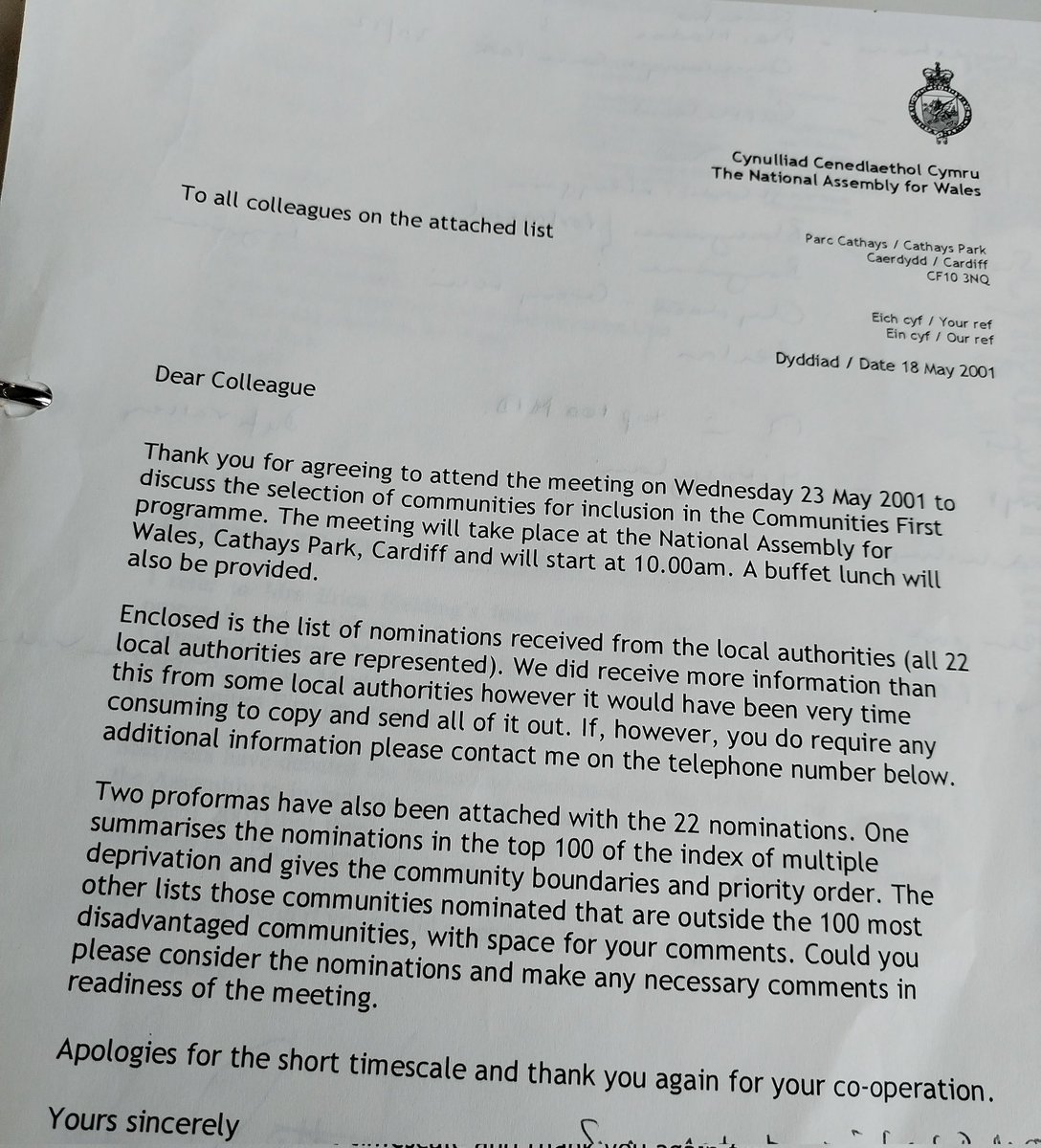 The 2001 letter inviting people in the public and voluntary sectors to discuss which areas of disadvantaged would be included in the Communities First programme in Wales