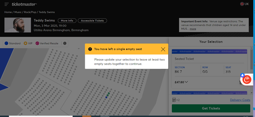 MarkParkylfc's tweet photo. @TicketmasterUK @TicketmasterCS @Ticketmaster 
Why do I have to leave at least 2 seats next to me when there are single seats all over the venue? so in order to go to this concert I need to by 3 tickets when we only want 2, Shafting people yet again, https://t.co/V22spUEDCh