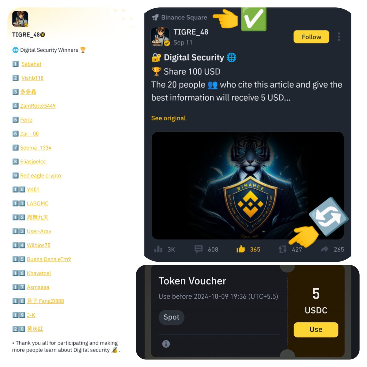 • Prizes were sent ✅ 5 USDC to 20 winners 🏆

• Sponsored by Binance Square Official, Thank you for the collaboration, with the purpose of disseminating information about Digital security 🌐 and scam prevention ⚠️

• ⬇️View Winning ⤵️

app.binance.com/uni-qr/cpos/13…?

🤝🐯🧡