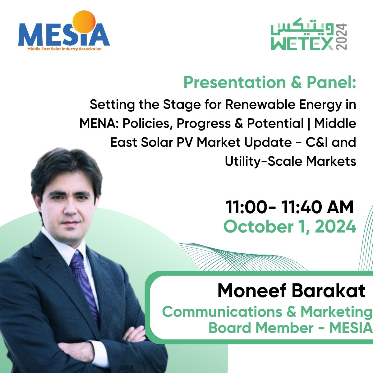 MiddleEastSolar's tweet image. Join Moneef Barakat at @WETEXDubai 2024!

🔋 Presentation &amp;amp; Panel: Setting the Stage for Renewable Energy in MENA
📅 Oct 1, 2024

Don’t miss this deep dive into MENA's solar market trends!

📌 Register now: ow.ly/XHVX50TwWnx

#WETEX2024 #RenewableEnergy #SolarMENA