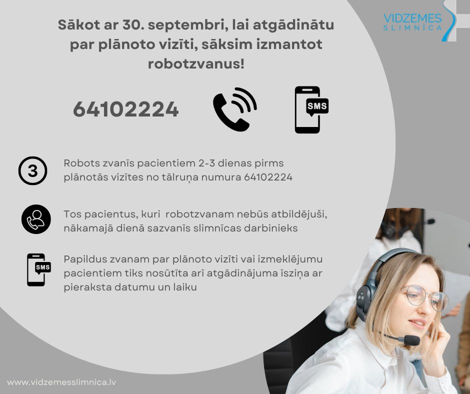 ➡️Lai uzlabotu Vidzemes slimnīcas pacientu apkalpošanu un strādātu pēc iespējas efektīvāk, sākot ar 30. septembri, slimnīcā pacientu apzināšanai tiks izmantoti robotzvani!
➡️Uzzini vairāk: vidzemesslimnica.lv/vidzemes-slimn…
