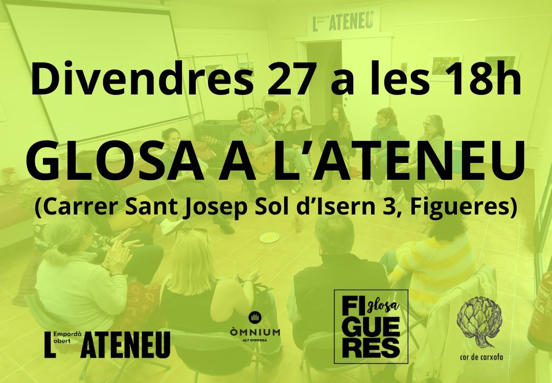 🎶 GLOSA A L'ATENEU
📆 Divendres 27 de setembre, 18h
📍 Ateneu Empordà Obert

👉🏽Avui a les 18 h glosarem a l'Ateneu. Pots venir a improvisar corrandes i garrotins o tan sols a passar l'estona! No t'ho perdis!