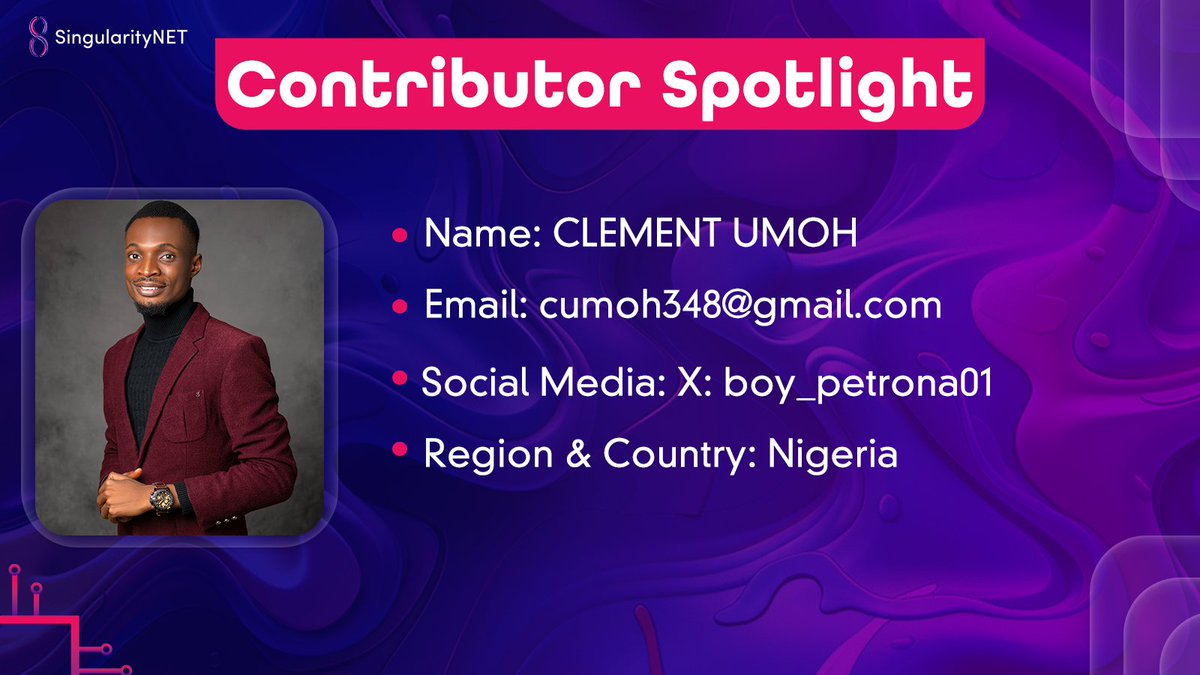 SNET_Ambassador's tweet photo. Contributor Spotlight #Issue03
This week, we introduce Clement Umoh of the African Ambassadors Guild! 🌟 Learn more about his contributions to the SingularityNET ecosystem.👇
1/5 https://t.co/nYTJMGq91j