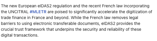CyprxResearch's tweet photo. Big news for European trade #eIDAS2 and France's #MLETR law are set to revolutionize trade digitization. Robust digital identities, EU Digital Wallet, and legal recognition of e-docs will boost efficiency and security in trade finance. #TradeDigitization #fintech https://t.co/tST55p933t