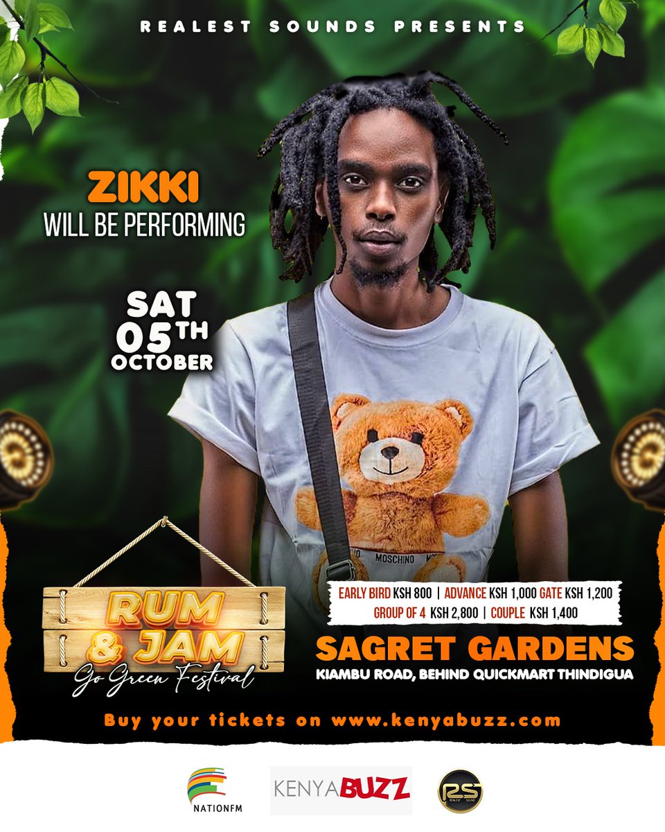 NationFmKE's tweet photo. Join us this October 5th at Sagret Gardens, Kiambu Rd, for an unforgettable experience!  Enjoy performances by @iamsoundkraft  , @ZikkiKenya , @DjGazaking among others.   

Get your tickets today at https://t.co/ET77cCkRwH 

#RumAndJamFestival #GoGreen https://t.co/Tlyqznx5NX