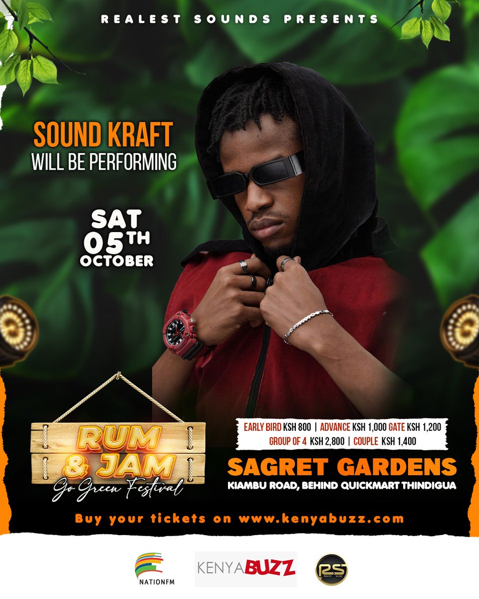 NationFmKE's tweet photo. Join us this October 5th at Sagret Gardens, Kiambu Rd, for an unforgettable experience!  Enjoy performances by @iamsoundkraft  , @ZikkiKenya , @DjGazaking among others.   

Get your tickets today at https://t.co/ET77cCkRwH 

#RumAndJamFestival #GoGreen https://t.co/Tlyqznx5NX