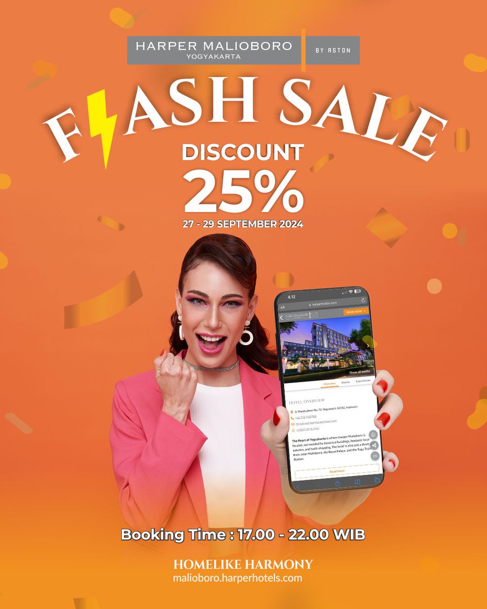 ⚡DISCOUNT 25% ⚡
For limited time period only. Book your next stay with us and enjoy 25% off our Best Available Rates for booking through our website: malioboro.harperhotels.com
.
Booking time: 17.00 - 22.00 WIB
Booking period: 27 - 29 September 2024
.
#harperjogja #hoteljogja