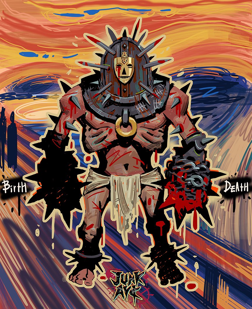 He is the Tortured One. In the depths of endless agony, he found ecstasy, and to hide his crazed joy from the gods, he wears a massive iron mask.

#tormente #ironmasked #maskedcharacter #bloodyarts #sadismus #sadistart #munchstyle #indiegamecharacter #junkark #burningbone