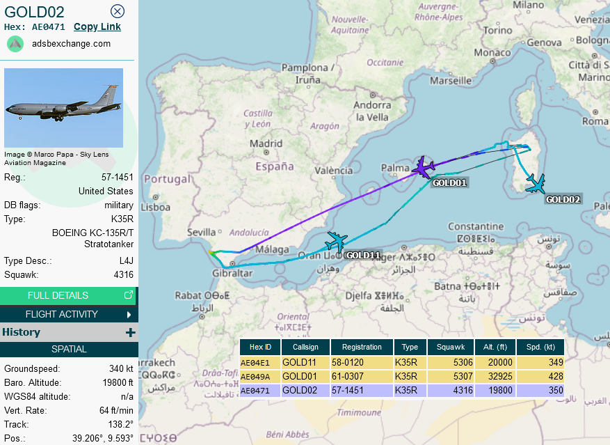 SirListenalot's tweet photo. #KC135 #GOLD02 took over (six) "FT" #A10's #TABOR51 from #GOLD01. #GOLD11 is with #A10's #TABOR61. Expect #AE037E #GOLD12 to take over. I suppose the A10's are going to Muwaffaq Salti, Jordan. All KC's do a round trip out of Rota https://t.co/ZyGhAQODJm
