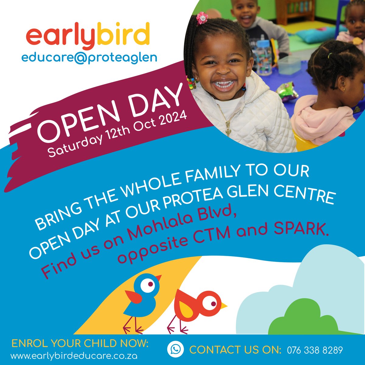 earlybirdeduc's tweet photo. Join Us for Our Open Day! 🎈

Why wait? Visit our center on Saturday, October 12th, 2024 and experience the Earlybird difference firsthand.

Enrol today: https://t.co/wlFkwgbwvP

#FamilyFunDay #OpenDay #CommunityEvent #ProteaGlen https://t.co/rFgMFqx4Ro