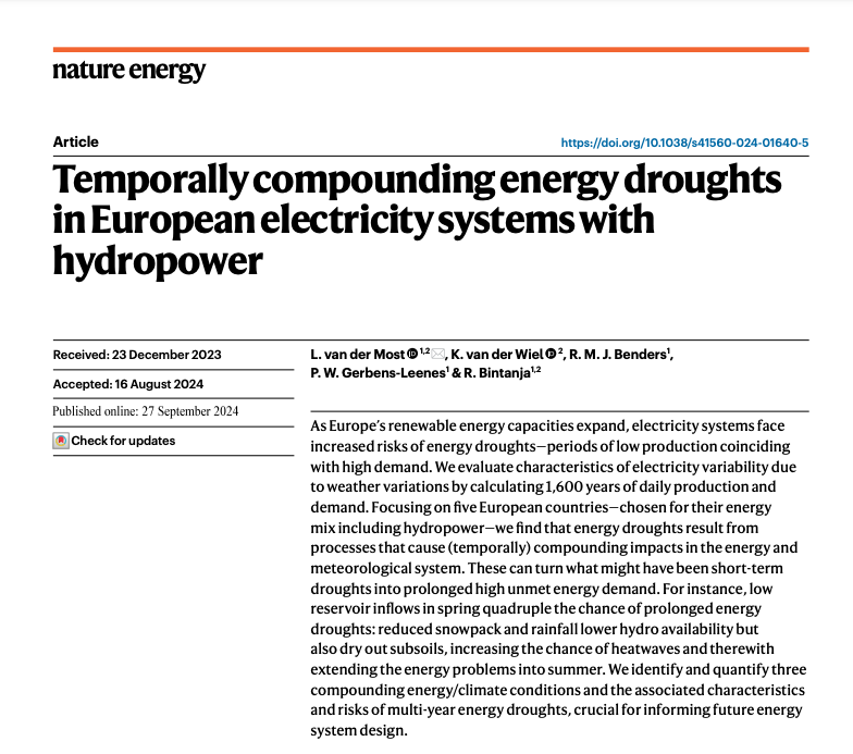 karin_vdwiel's tweet photo. Proud to share a new paper by PhD student Lieke van der Most: 
"Temporally compounding energy droughts in European electricity systems with hydropower" @NatureEnergyJnl 

➡️https://t.co/zMBtoJg15J

#compoundevents @KNMI https://t.co/QN0myskazm