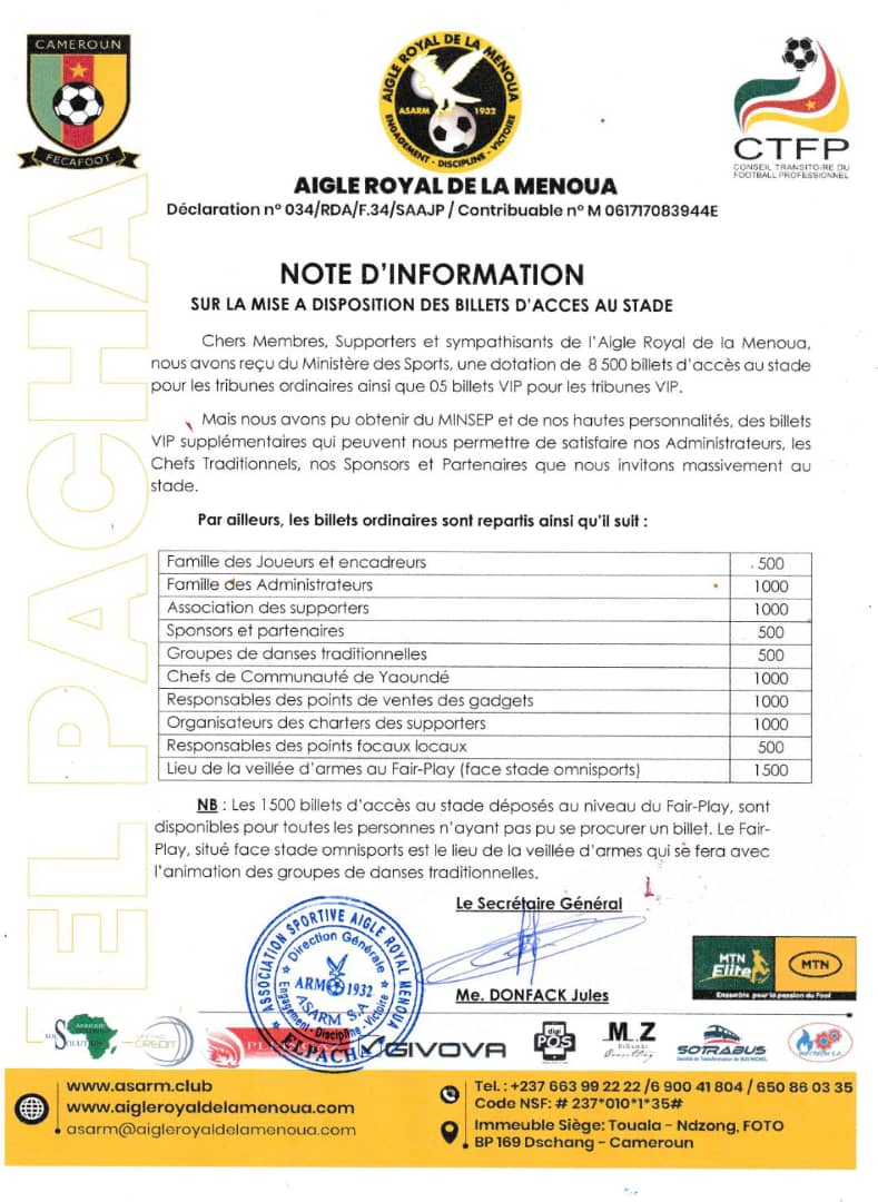 🚨 #INFORMATION

Chers supporters l'entrée au stade Omnisports dimanche prochain pour vivre la finale AIGLE vs COLOMBE est libre et gratuite. 
L'absence de billets ne doit pas être un mobile pour ne pas assister à ce match.
POUSSEZ NOTRE ÉQUIPE À LA VICTOIRE !

#AllezAigle 🦅💛🖤