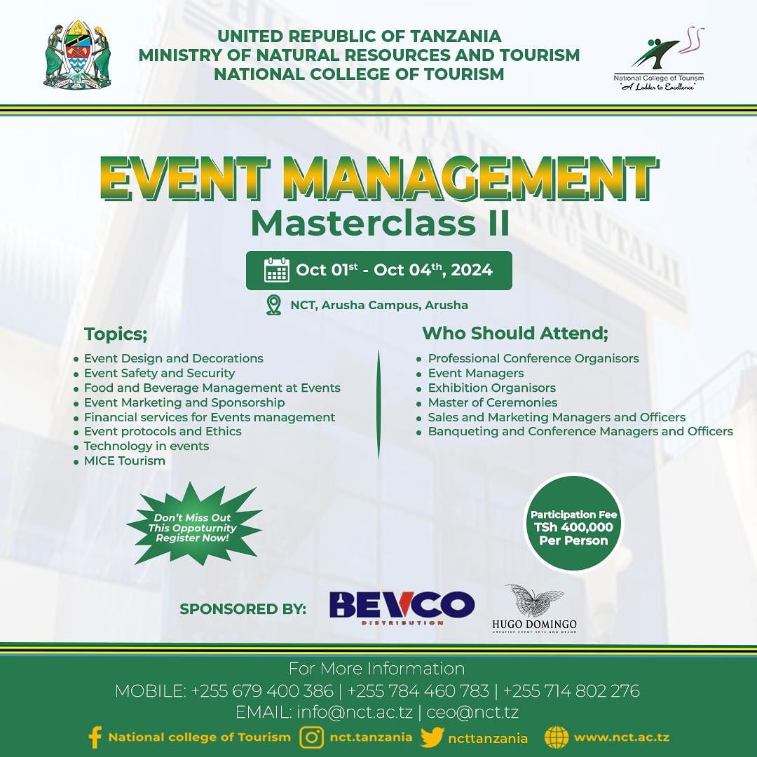NCTTanzania's tweet photo. ✨ Join us for the Event Management masterclass II ✨

Are you ready to take your event planning skills to the next level?

📅  Date: 1-4 Oct 2024
📍 Location:NCT Arusha - Sakina
☎️ Call: +255620670742 https://t.co/X0Fh8Z6AVd