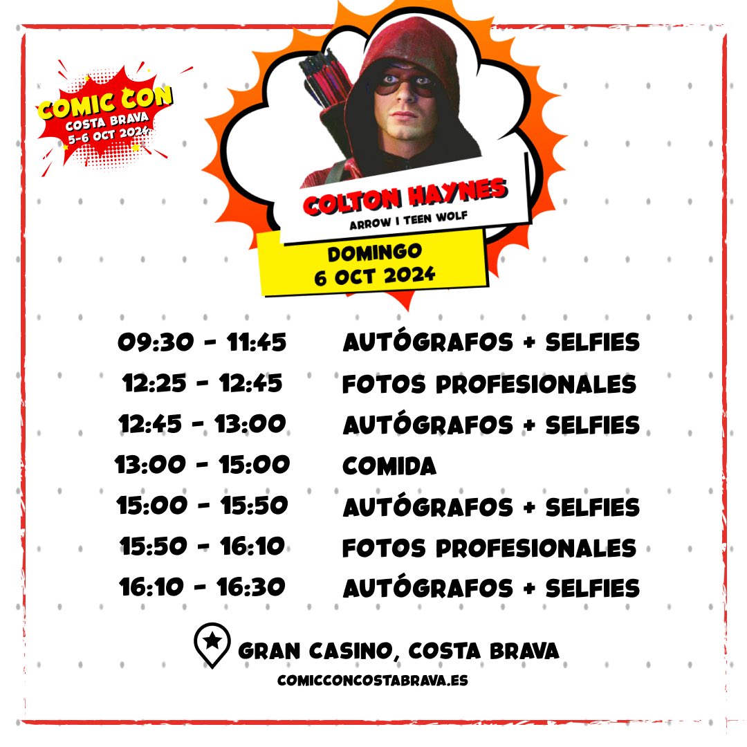 ¡Aquí puedes consultar el horario de Colton Haynes, famoso por su papel en Teen Wolf y Arrow! 📅✨  

Revisa los horarios, reserva tu foto o autógrafo y asegúrate de estar a tiempo para tu encuentro con Colton. 🔥

🔗 comicconcostabrava.es/tienda