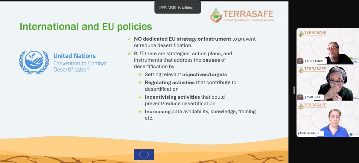 <a href="/TerrasafeEU/">TERRASAFE</a> <a href="/UnivAveiro/">Universidade Aveiro</a> <a href="/jeaanb/">Adriana Bruggeman</a> <a href="/CyprusInstitute/">The Cyprus Institute</a> 🚨Half of 🇪🇺 countries declare at risk of #desertification yet, the EU has NO dedicated direct strategy or instruments to prevent or reduce desertification.

Our Melanie Muro is talking about policy context for tackling desertification