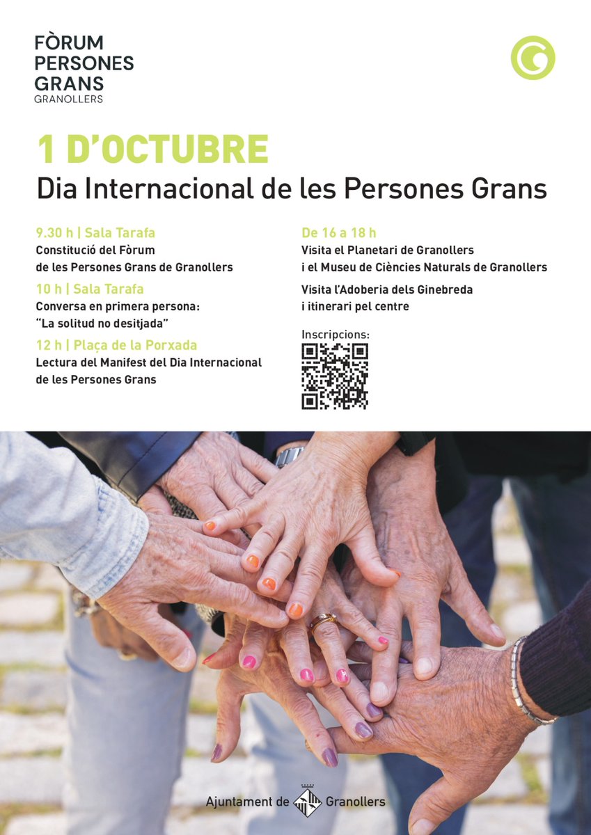 Suma’t a les activitats del Dia Internacional de les Persones Grans del pròxim dimarts 1 d’octubre!
👉Inscripcions obertes fins demà diumenge a bit.ly/4dnCdm8
ℹ️: granollers.cat/diapersonesgra…