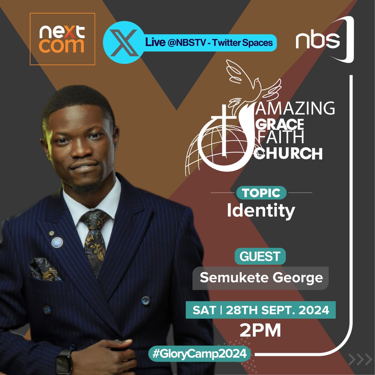 sanyukatv's tweet photo. Join us this Saturday, 28th Sept. 2024, at 2 PM on @NBSTV Twitter Live! Our guests Semukete George and Manzi Cross will be diving into the topic of identity, moderated by Vicky Seileb. Don't miss this insightful session!- @Amazing_GraceCh 

#GloryCamp2024 https://t.co/m9Ym5qs5Yf