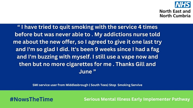 SmokefreeNHS_NE's tweet photo. This testimonial from an individual living with #SMI demonstrates the importance of personalized, flexible, and enhanced support in achieving a successful quit attempt.
#NowstheTime https://t.co/Uolzx8K5Qg