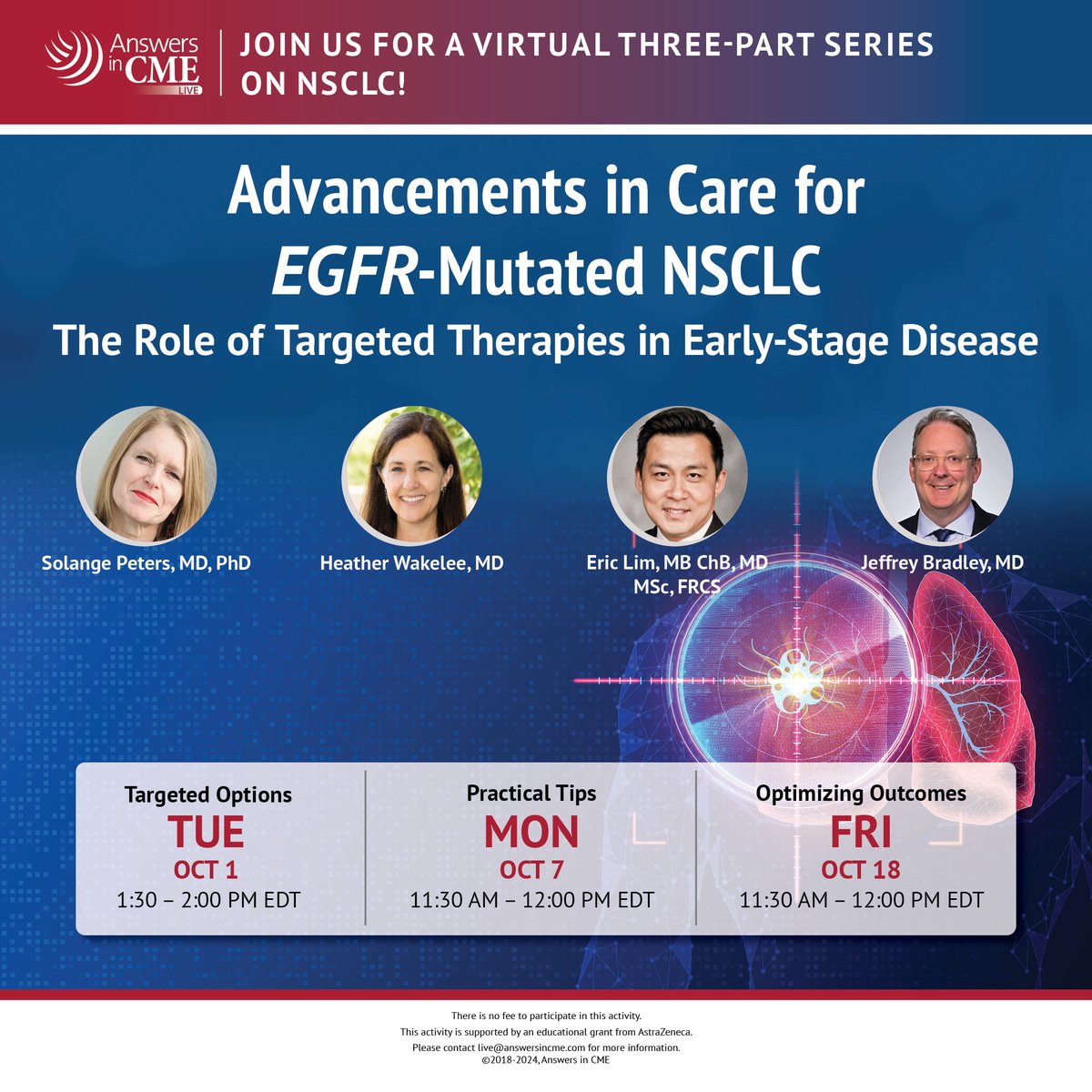 AnswersinCME's tweet photo. ⭐️Join us for part 1 of a three-part series—learn more about targeted therapies for EGFR-mutated #NSCLC. Register now for the Oct 1 event.
👉https://t.co/mJ29bwwafC
w/@peters_solange & Dr. Heather Wakelee
#AnswersInCMELive #GetYourAnswersInCME #MedEd https://t.co/pa7Ljr56c6