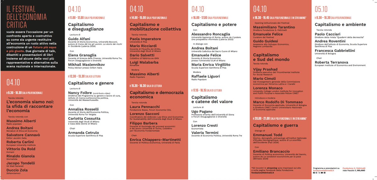 emanuelefelice2's tweet photo. Il 4 e 5 ottobre a Milano, con @FondFeltrinelli, si terrà il Festival dell'economia critica. 2 giorni di incontri e dibattiti, con alcuni dei maggiori esperti italiani e internazionali: è possibile riformare il capitalismo, per metterlo al servizio delle persone? Qui il programma https://t.co/U2ndL2KmGr